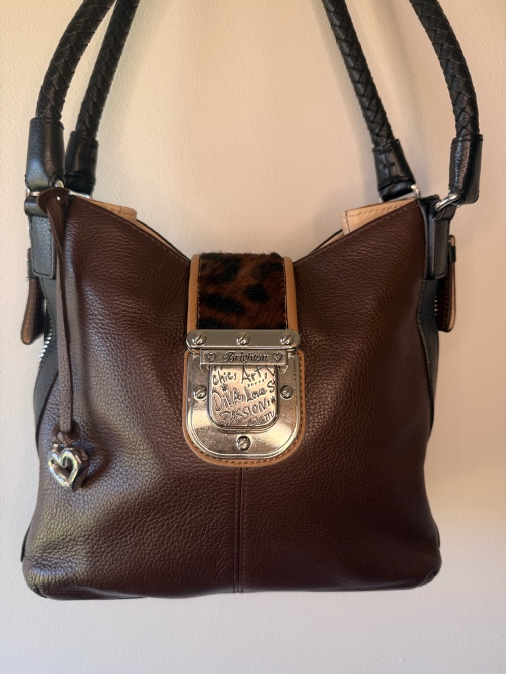 Brighton Chocolate Brown Leather Shoulder Bag with Leopard Accent